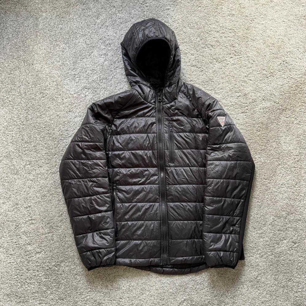 Guess Los Angeles Mens Black Quilted Puffer Jacket Hooded Mixed Media Size L